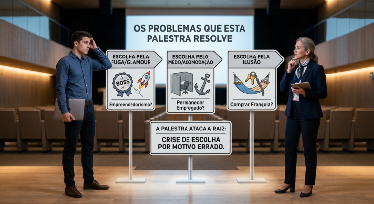 Os problemas que esta Palestra resolve. Por onde ir? Decisão de Carreira Profissional para quem está começando ou reiniciando. Empresário, Empregado ou Franqueado.